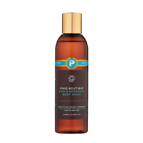 Organic rose and geranium body wash, natural cosmetics,